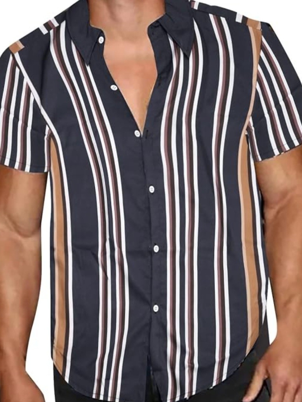 Boohoo Black, White & Tan Vertical Stripe Short-Sleeve Button-Down Size 5XL